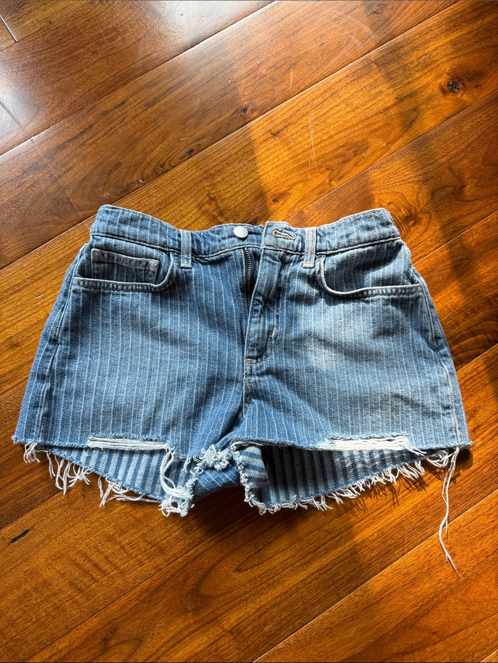 L'AGENCE Striped Light Blue Denim Cutoff Shorts